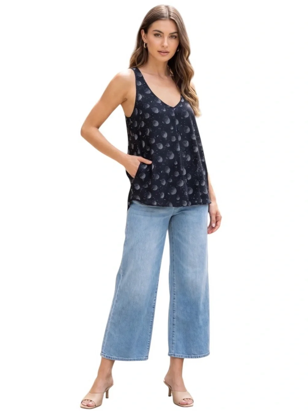 Love 21 Black Moon Racerback Celestial Satin Tank Top Blouse boho whimsigoth